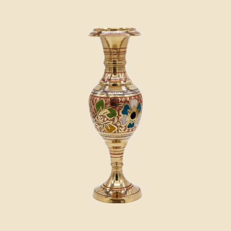Meenakari Painted Brass Vase on a warm ivory background