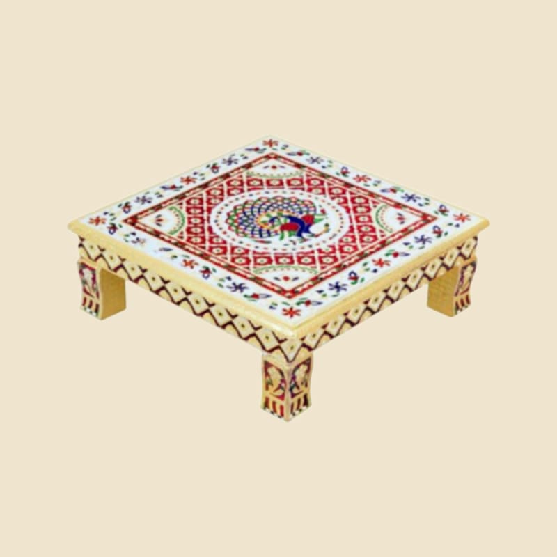 Meenakari Chowki, Peacock Motif on a warm ivory background