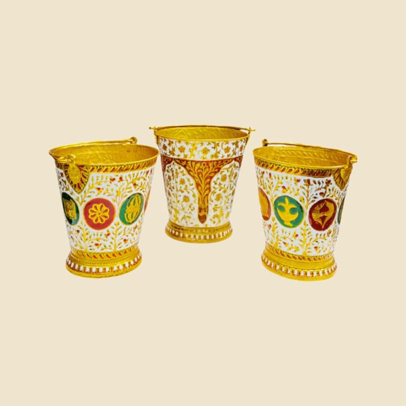Brass Meenakari Bucket on a warm ivory background