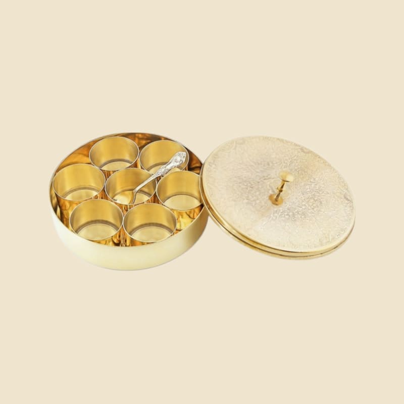 Heavy Brass Masala Box on a warm ivory background