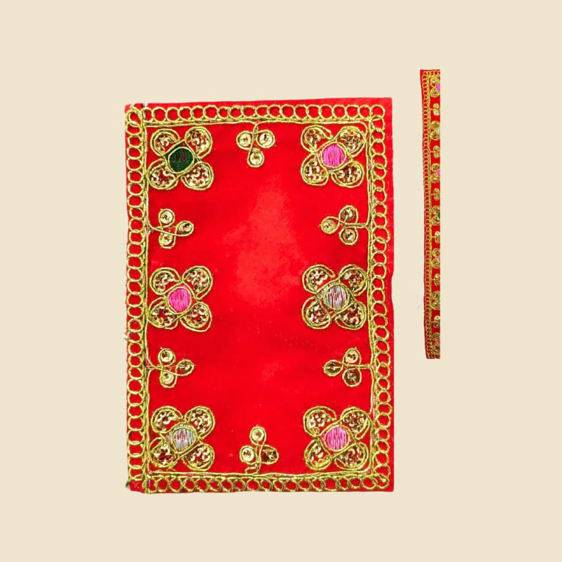 Embroidered Puja Aasan, Red (CI 1009) on a warm ivory background