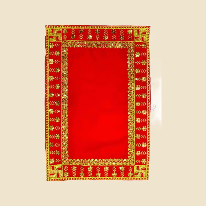 Embroidered Puja Aasan, Red (CI 1056) on a warm ivory background