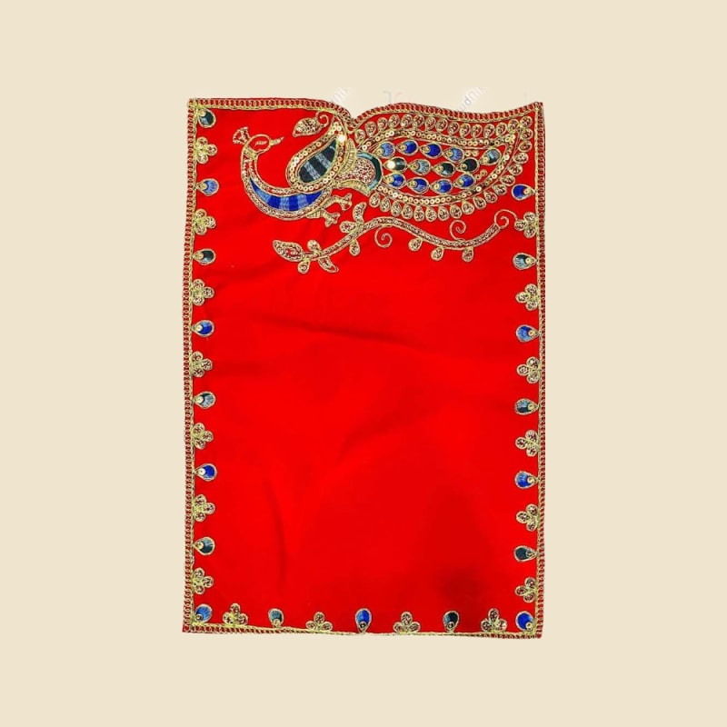 Embroidered Puja Aasan, Red (CI 1074) on a warm ivory background