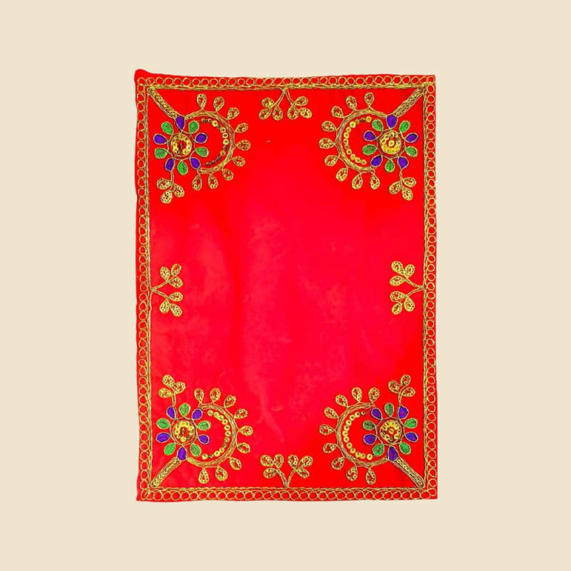 Embroidered Puja Aasan, Red (CI 1770) on a warm ivory background