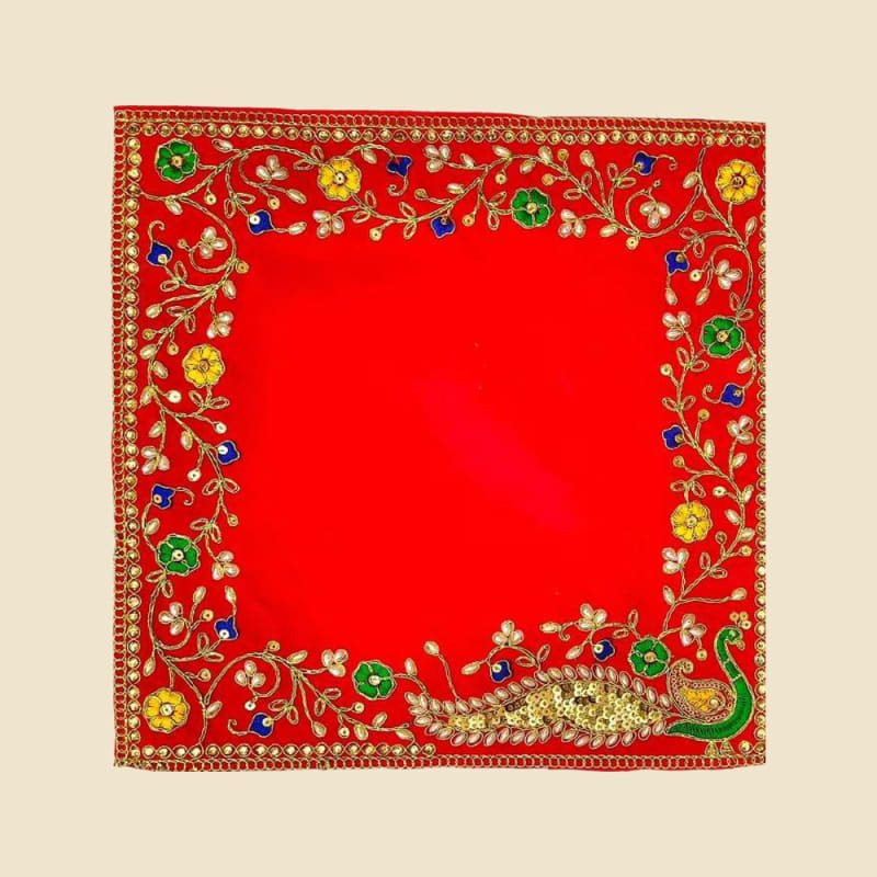 Embroidered Puja Aasan, Red (CI 4922) on a warm ivory background