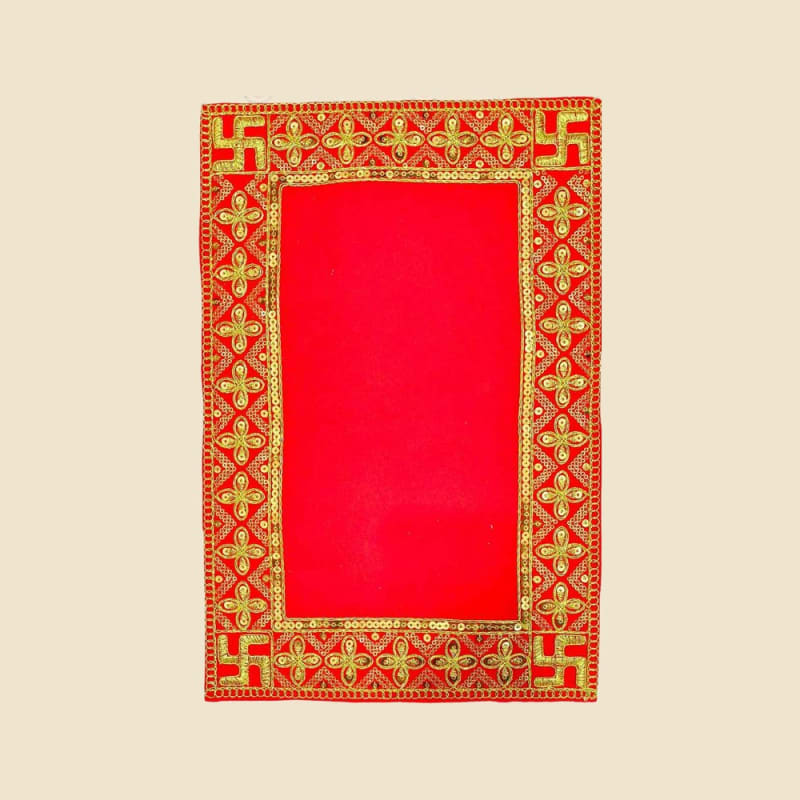 Embroidered Puja Aasan, Red (CI 5091) on a warm ivory background