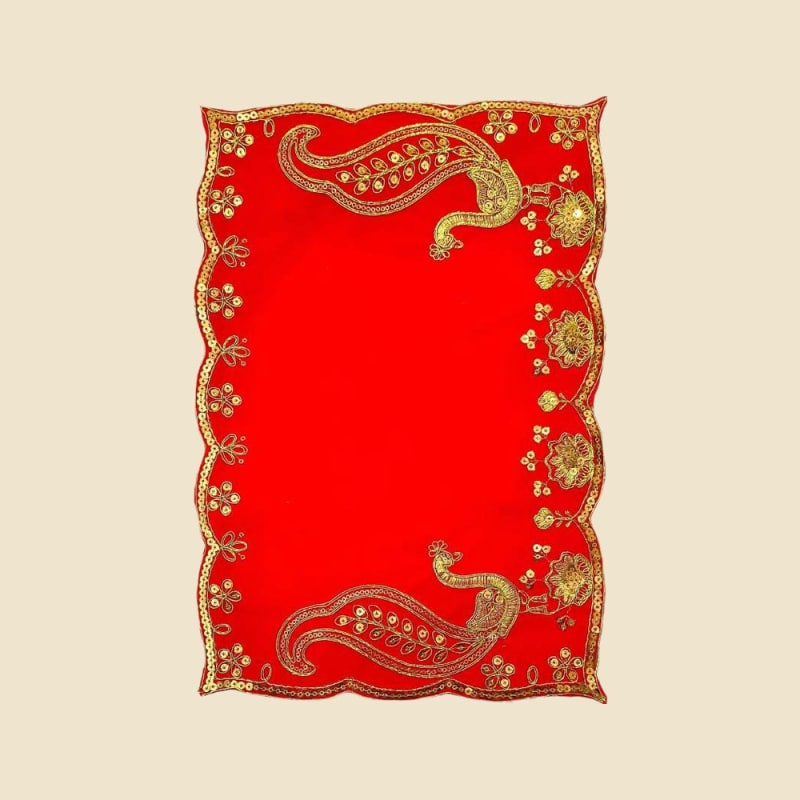 Embroidered Puja Aasan, Red (CI 39700) on a warm ivory background