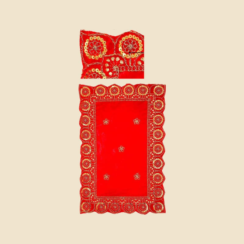 Embroidered Puja Aasan, Red (CI 3762) on a warm ivory background