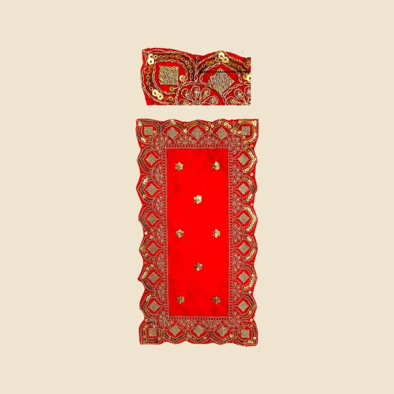Embroidered Puja Aasan, Red (CI 5765) on a warm ivory background