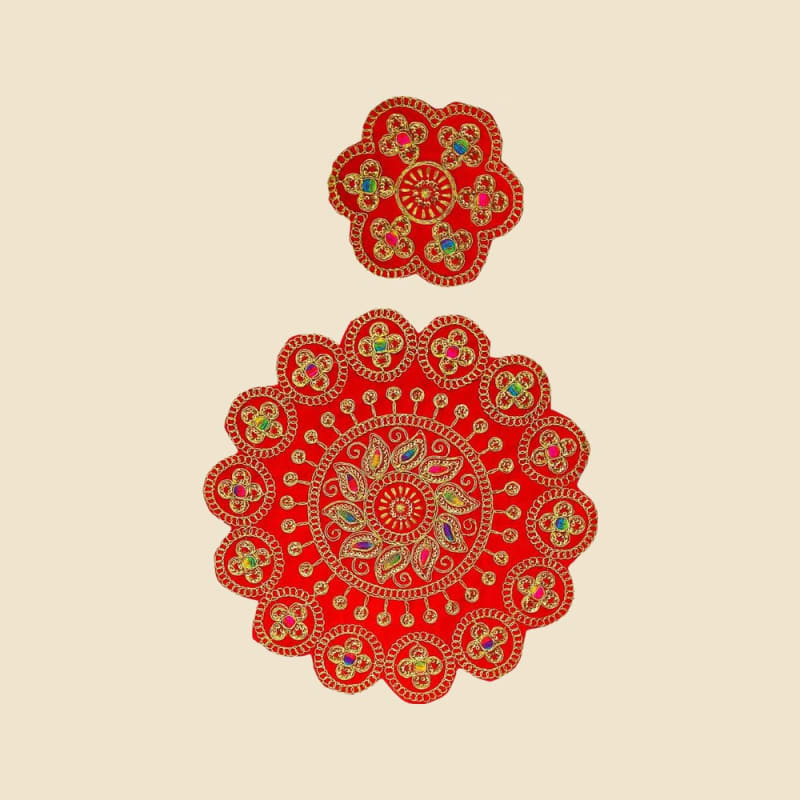 Fancy Round Puja Aasan, Red (CI 7076) on a warm ivory background