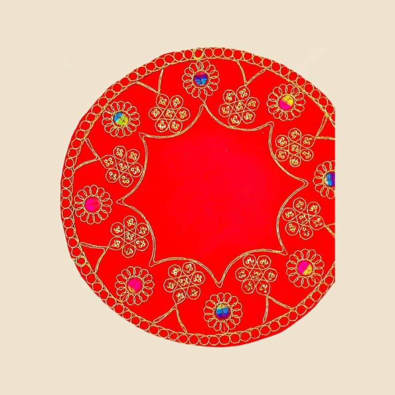 Round Puja Aasan, Red (CI 1172) on a warm ivory background