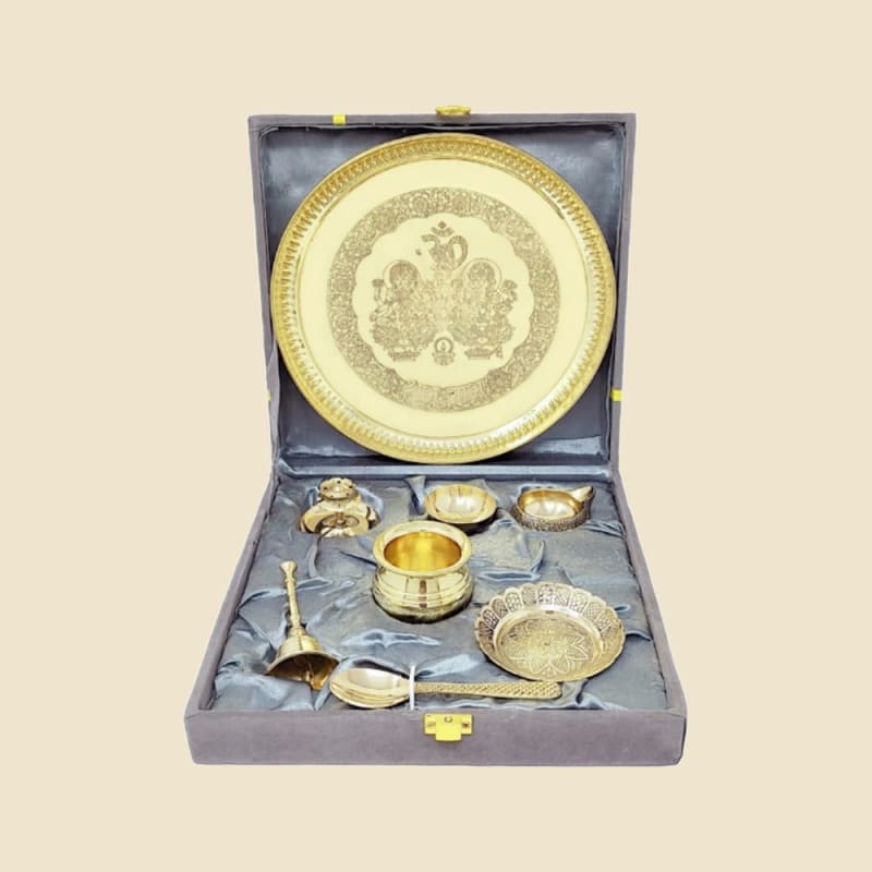 Laxmi-Ganesh Brass Puja Gift Set in Grey Box on a warm ivory background