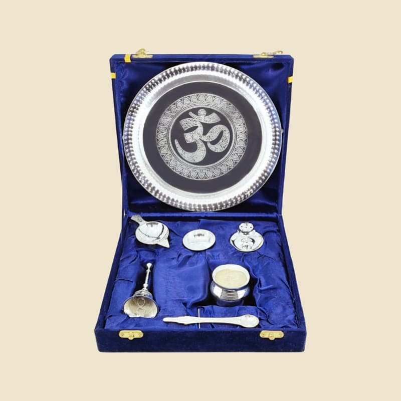Silver-Finish Om Puja Plate Set in Blue Box on a warm ivory background