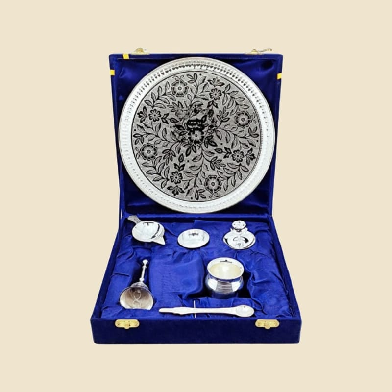 Silver-Finish Floral Etched Puja Set in Blue Box on a warm ivory background