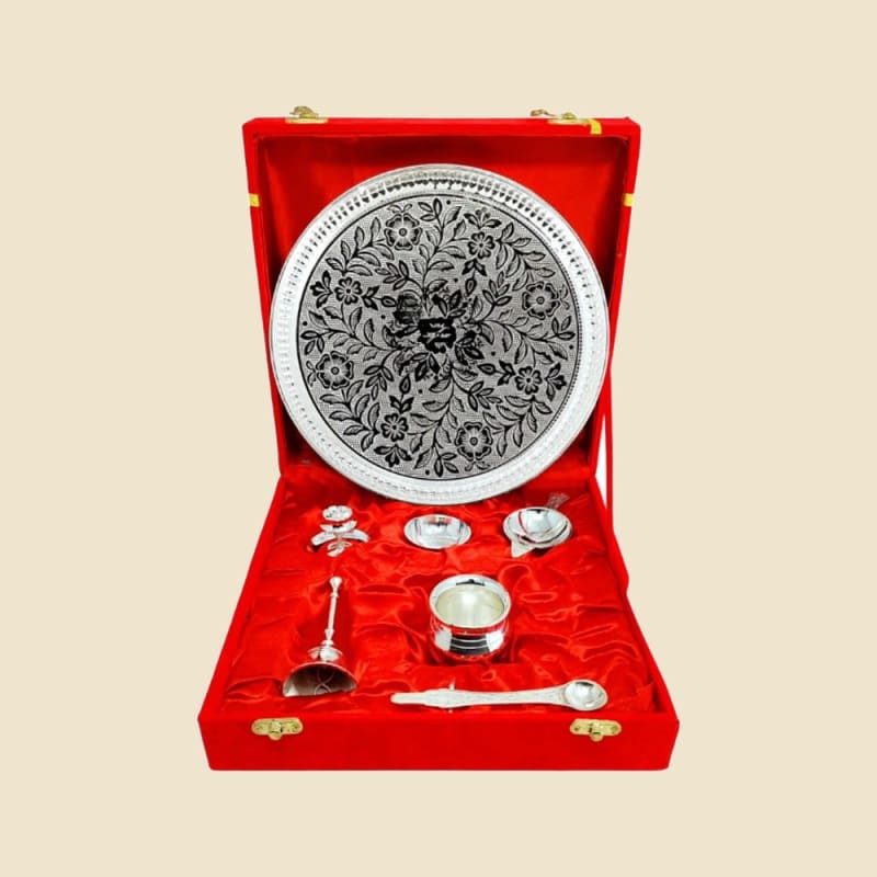 Silver-Finish Floral Etched Puja Set in Red Box on a warm ivory background