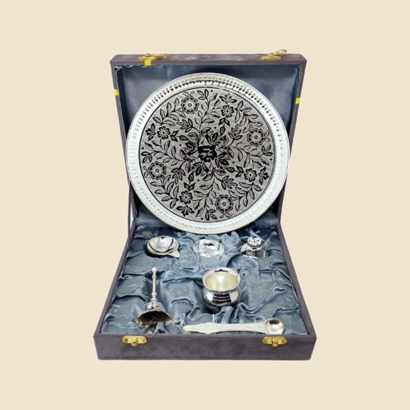 Silver-Finish Floral Etched Puja Set in Grey Box on a warm ivory background