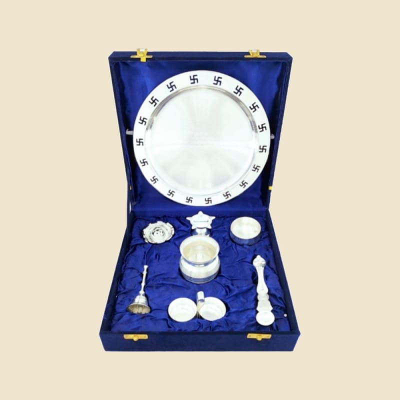 Swastik Border Puja Gift Box, Blue on a warm ivory background
