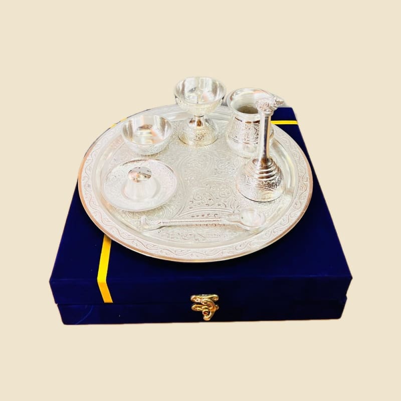 German Silver Pooja Thali Set in Gift Box on a warm ivory background