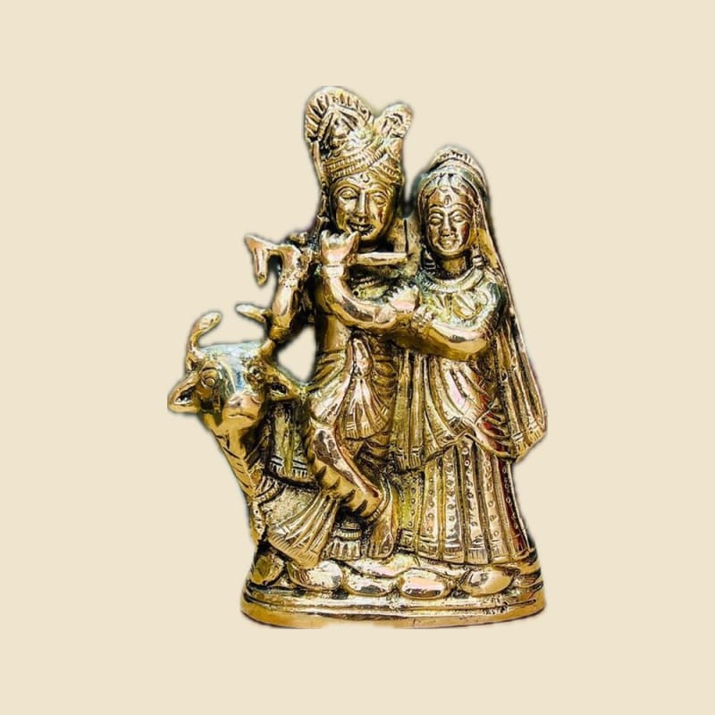 Brass Cow Radha Krishna Murti, Special Finish on a warm ivory background