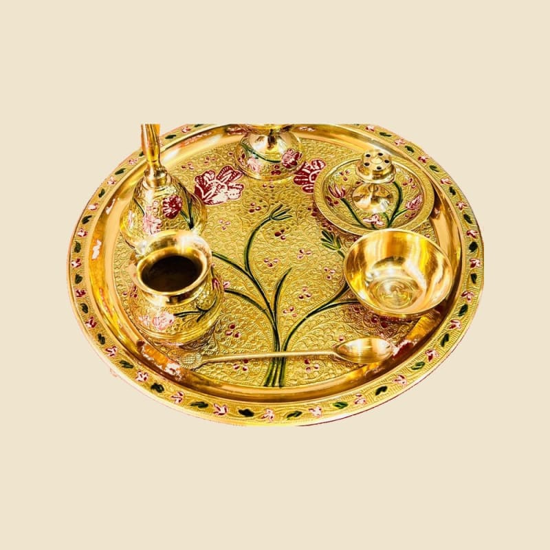 Brass Meena Puja Kit, Heavy on a warm ivory background