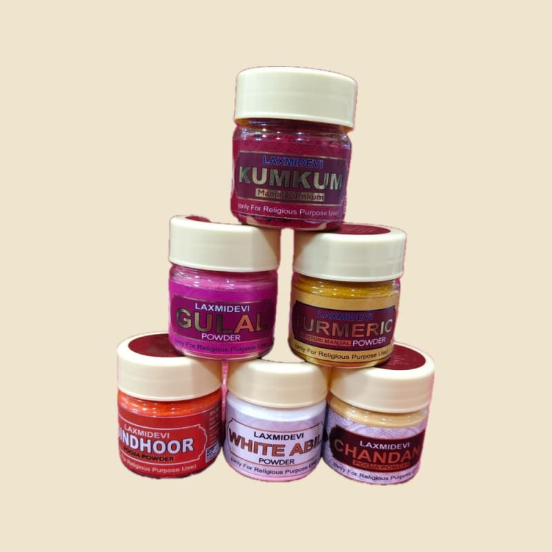 Laxmidevi Puja Powder Range (Gulal, Sindoor, Chandan and More) on a warm ivory background