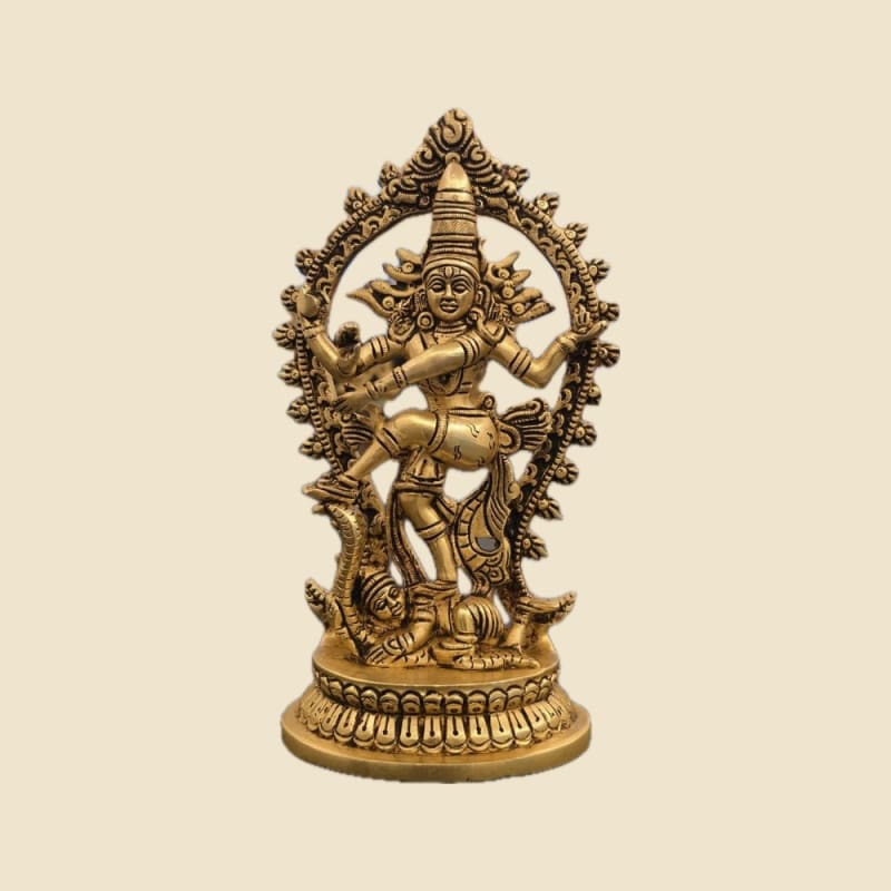Brass Dancing Krishna with Arch on a warm ivory background