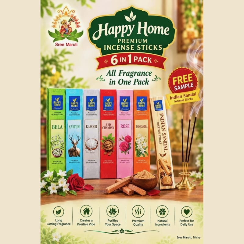Happy Home Premium Incense Sticks, 6-in-1 Pack on a warm ivory background