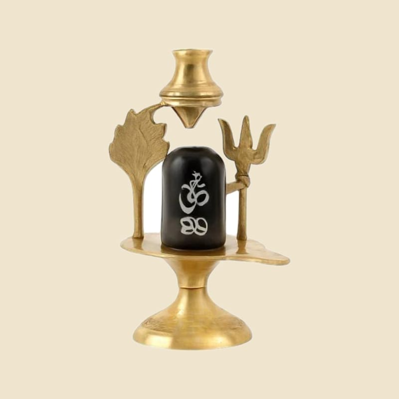 Brass Shivling Set with Trishul, XL on a warm ivory background