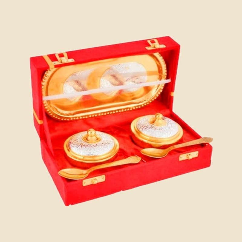 Gold-Finish Two-Bowl and Tray Gift Set on a warm ivory background
