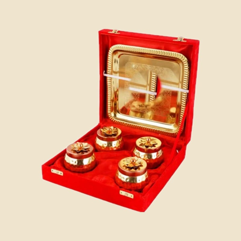 Four-Bowl and Matki Gift Set in Velvet Box on a warm ivory background