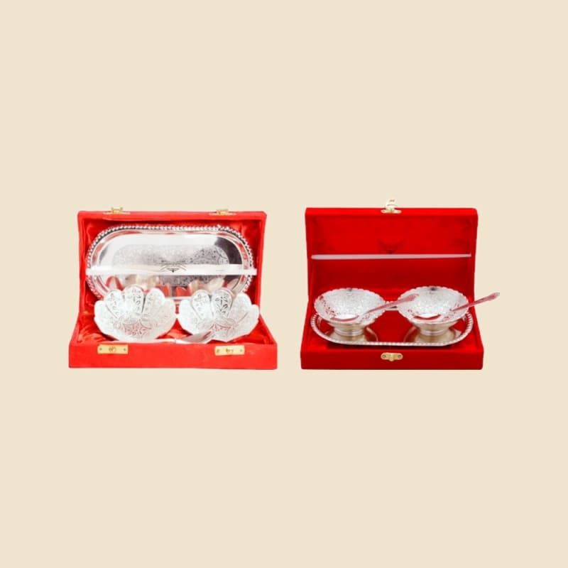 Silver Two-Bowl and Tray Gift Set on a warm ivory background