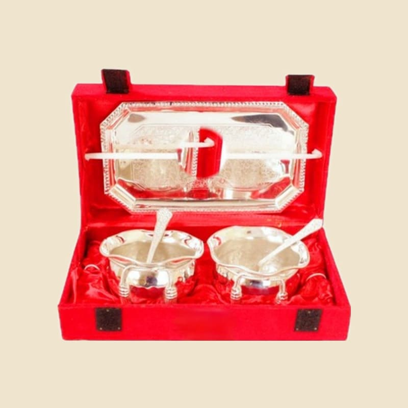 Silver Kalash Pair and Tray Gift Set on a warm ivory background