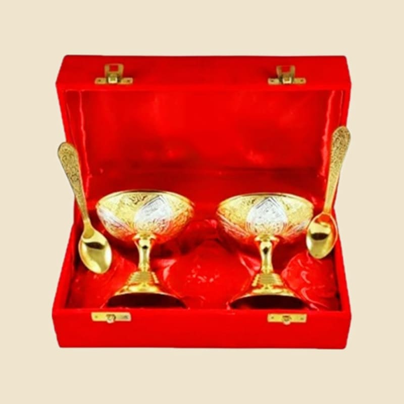 Footed Dessert Bowl Pair in Gift Box on a warm ivory background