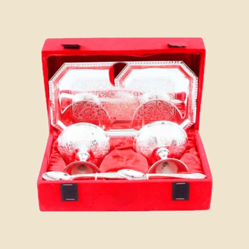 Silver Two Ice-Cream Bowls and Tray Set on a warm ivory background