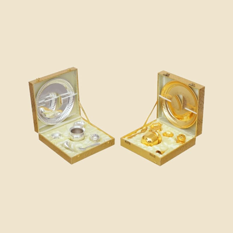 Steel Puja Thali Set in Gift Box on a warm ivory background