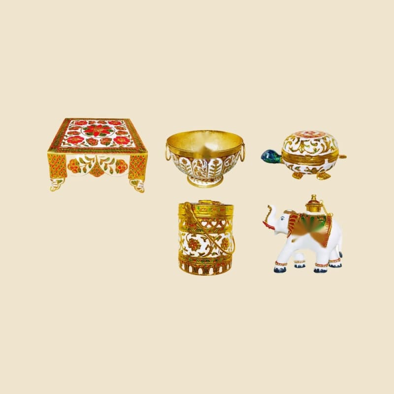 Brass Meenakari Puja Item Set, Design 6 on a warm ivory background