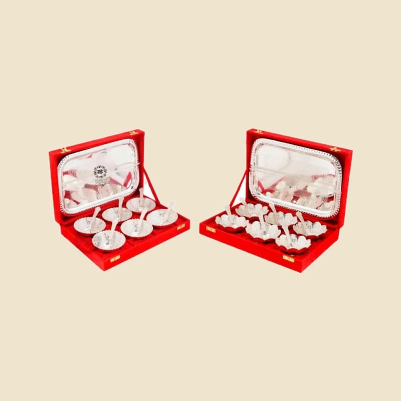 Silver Six-Bowl and Tray Gift Set on a warm ivory background