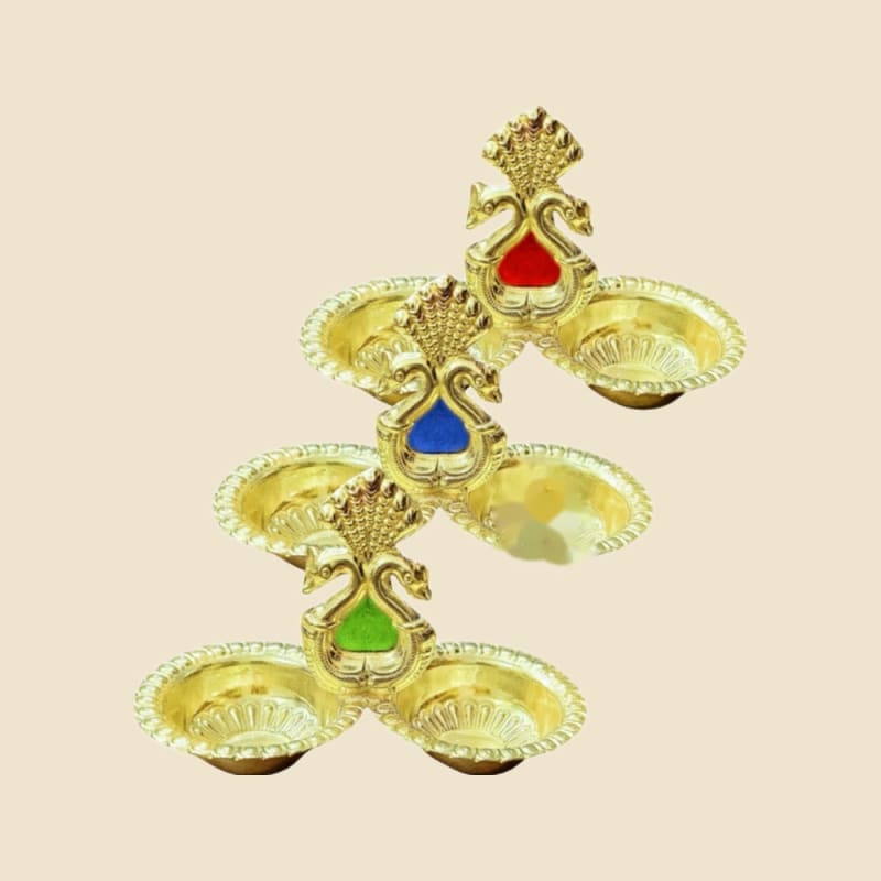 Brass Peacock 2 Cup Meenakari on a warm ivory background