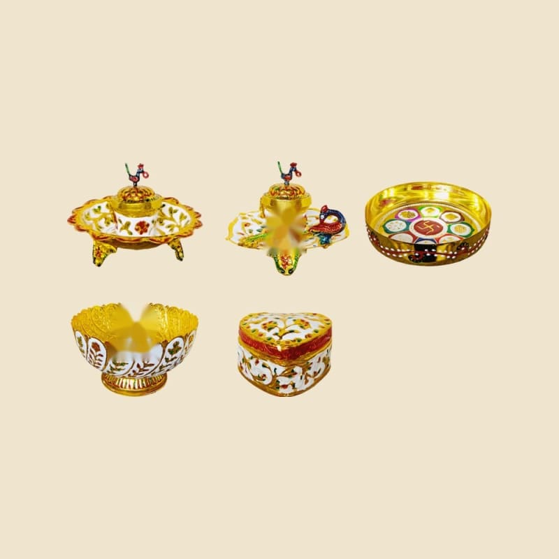 Brass Meenakari Puja Item Set, Design 4 on a warm ivory background