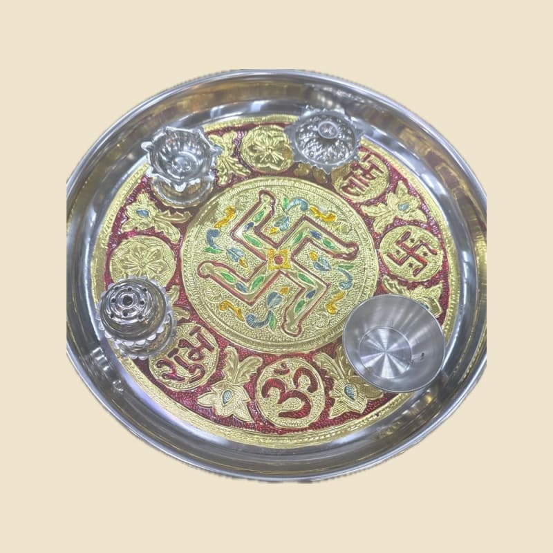 Steel Meena Swastik Puja Thali Set on a warm ivory background