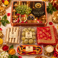 Tulsi Vivah Ceremony Kit — samagri items flat lay