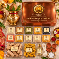Gruhpravesham Mega Trunk — samagri items flat lay