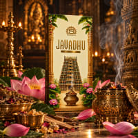 Javadhu luxury incense in a South Indian temple setting with brass lamps and lotus