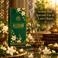 Jasmine incense burning in a brass holder beside the slim box and fresh jasmine