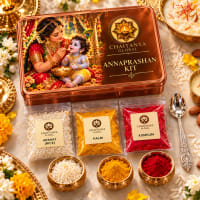 Close-up of feeding items — mini silver bowl, akshat, jasmine dhoop