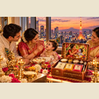 Annaprashan ceremony with baby, silver bowl and kit contents