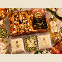Close-up of Vaishnavite items — Tulsi dhoop, sesame oil, yellow cloth