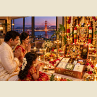 Balaji puja setup with Vishnu swaroop and kit contents on yellow asan