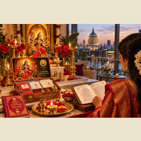 Chandi Path recitation altar with kit contents on red asan