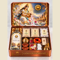 Open kit showing large Ganga Jal bottle and 10 clay diyas